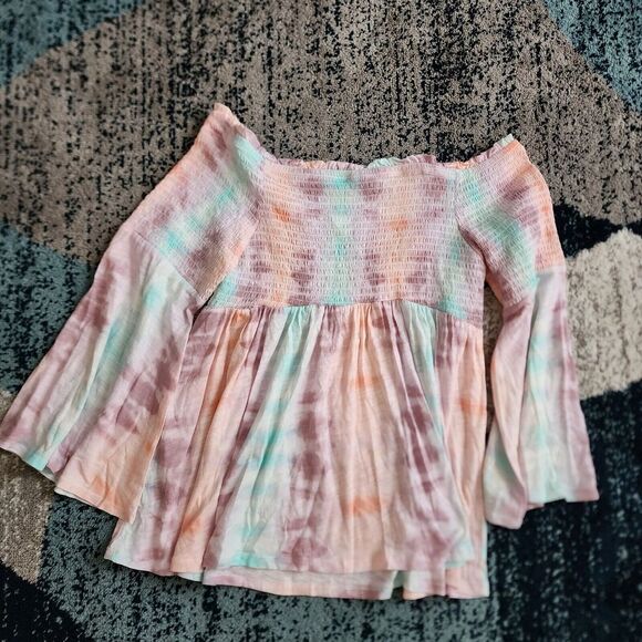 NWT Torrid 2 Pastel Tie Dye Smocked Off Shoulder Smocked Babydoll Top, 2X 18-20 - Picture 7 of 9